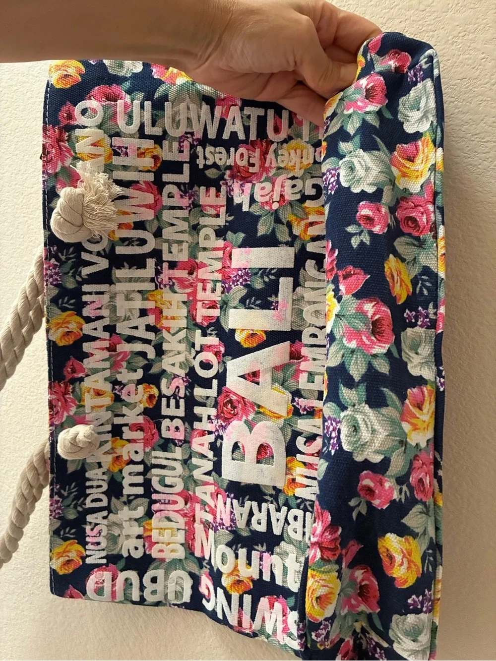 NWT Bali Floral Accent Tote Bag with Cream Rope Handles